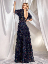 Women's Floral Print 3d Mesh Splicing & Heart Neck Long Evening Dress